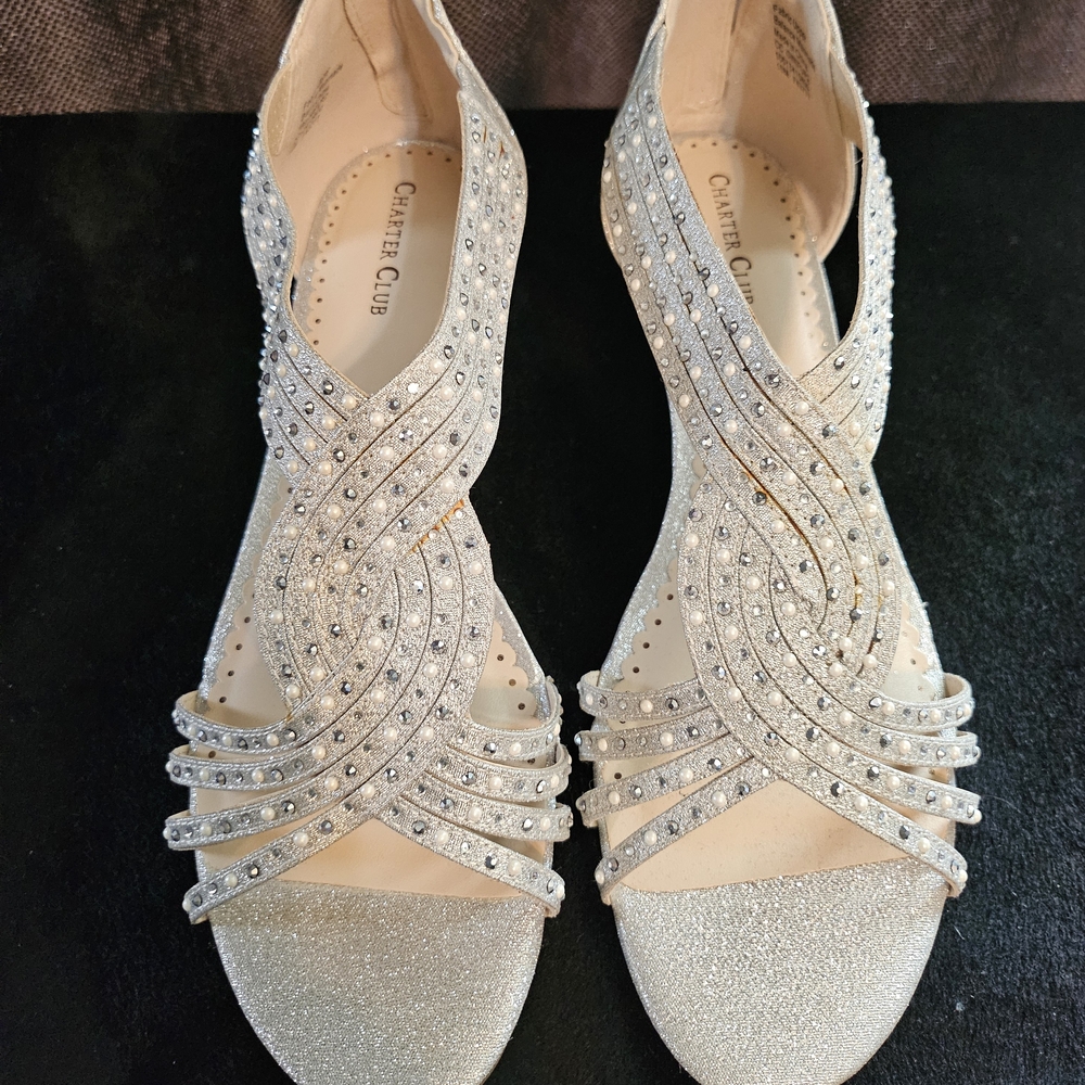 Charter Club Silver Sandals with Crisscross Straps and Rhinestone Embellishments